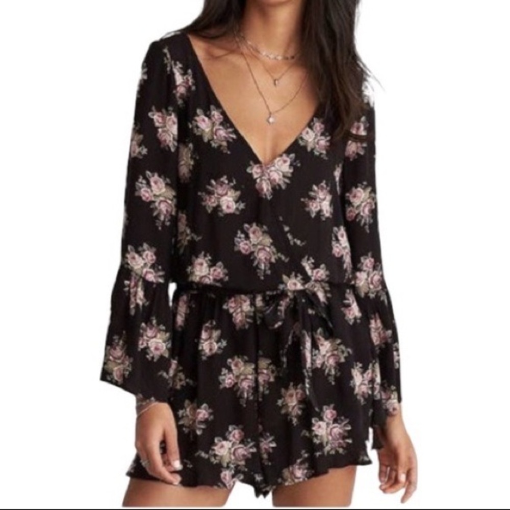 American Eagle Wrap Romper with Bell Sleeves - Black with Floral